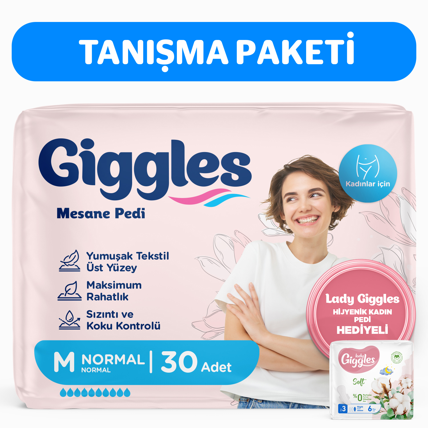 Giggles Yetişkin Kadın Mesane Pedi Medium 10'lu 3 Paket 30 Adet - Lady Soft Hijyenik Ped Gece 6'lı 1 Paket 6 Adet Hediyeli